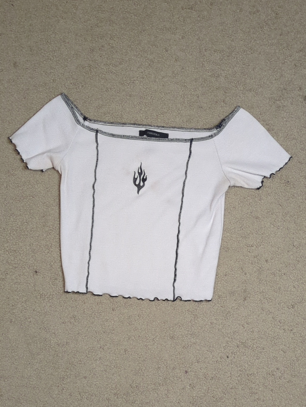 Forever 21 White Off-Shoulder Crop Top with Black Stitching